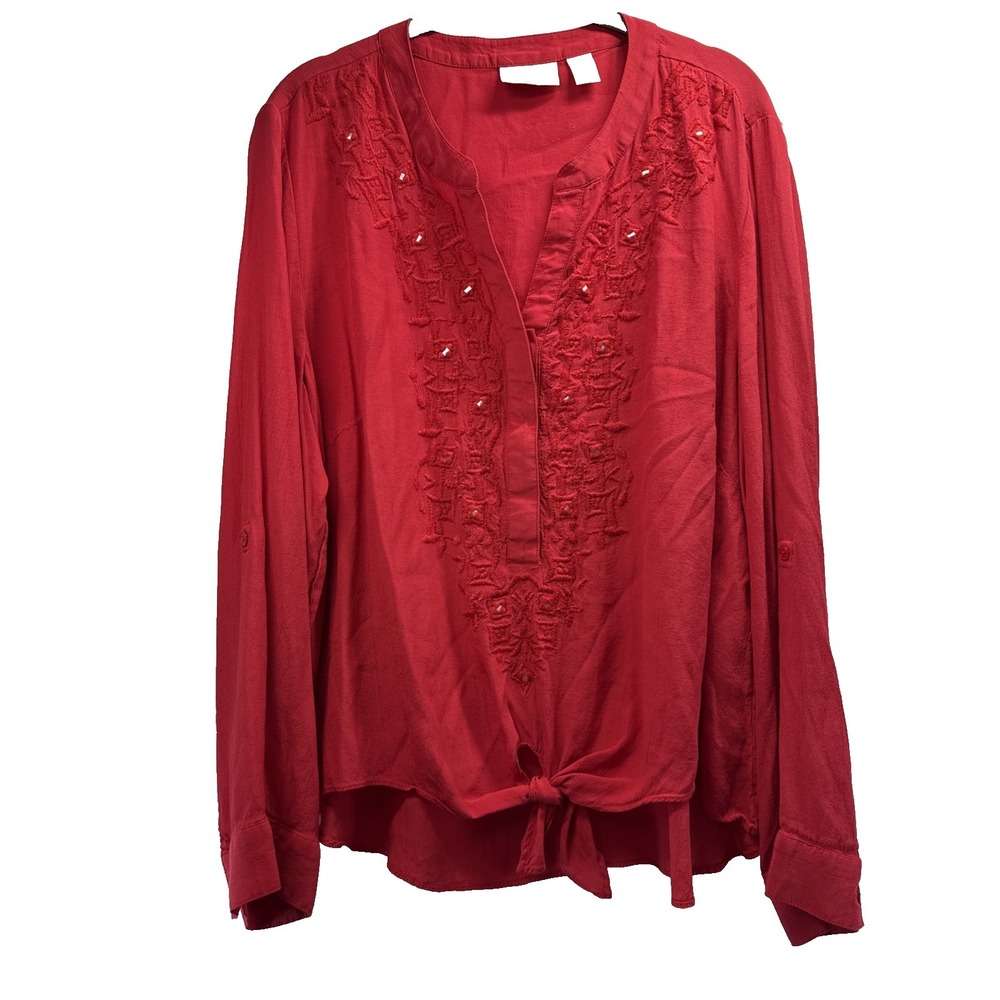 Chicos Women's Top Size XL Red Long Sleeve Metallic Pullover V Neck Tie Waist